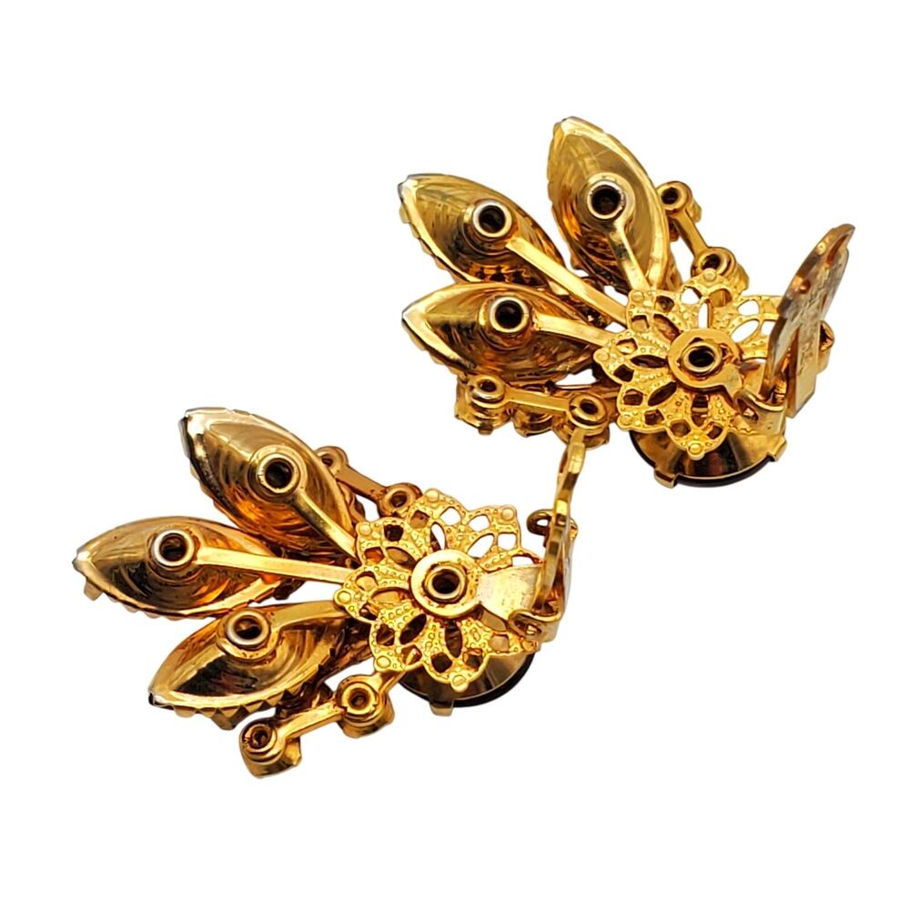 Autumn Rhinestone Clip Earrings Orange Green Topaz Floral Spray Harvest Fall Vtg - Picture 4 of 8